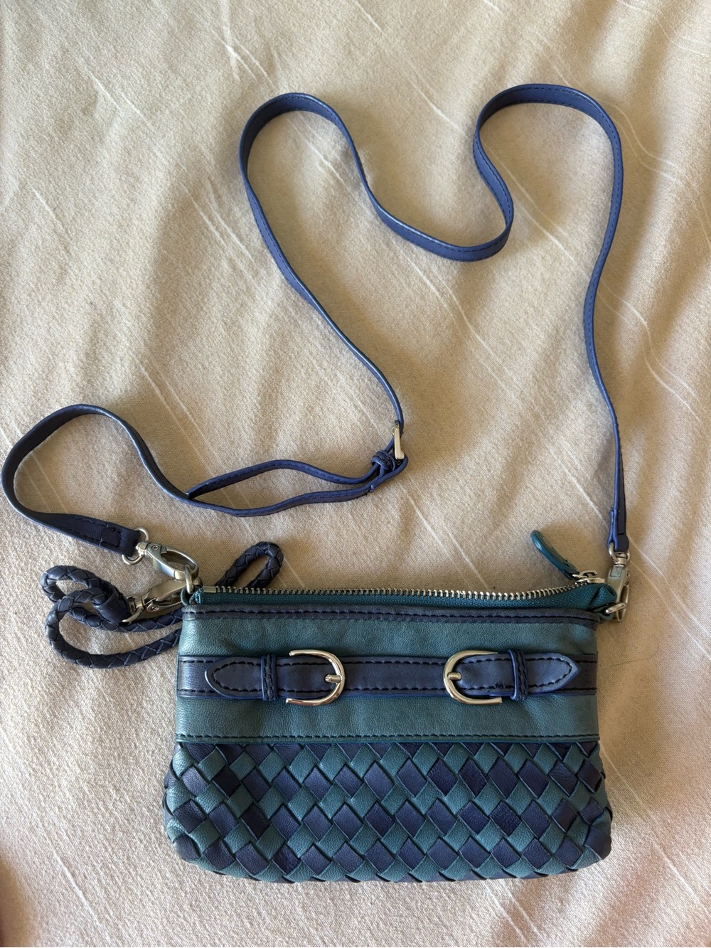 Yucca Blue Woven Leather Small Crossbody Wristlet Bag w/ Buckle Detail